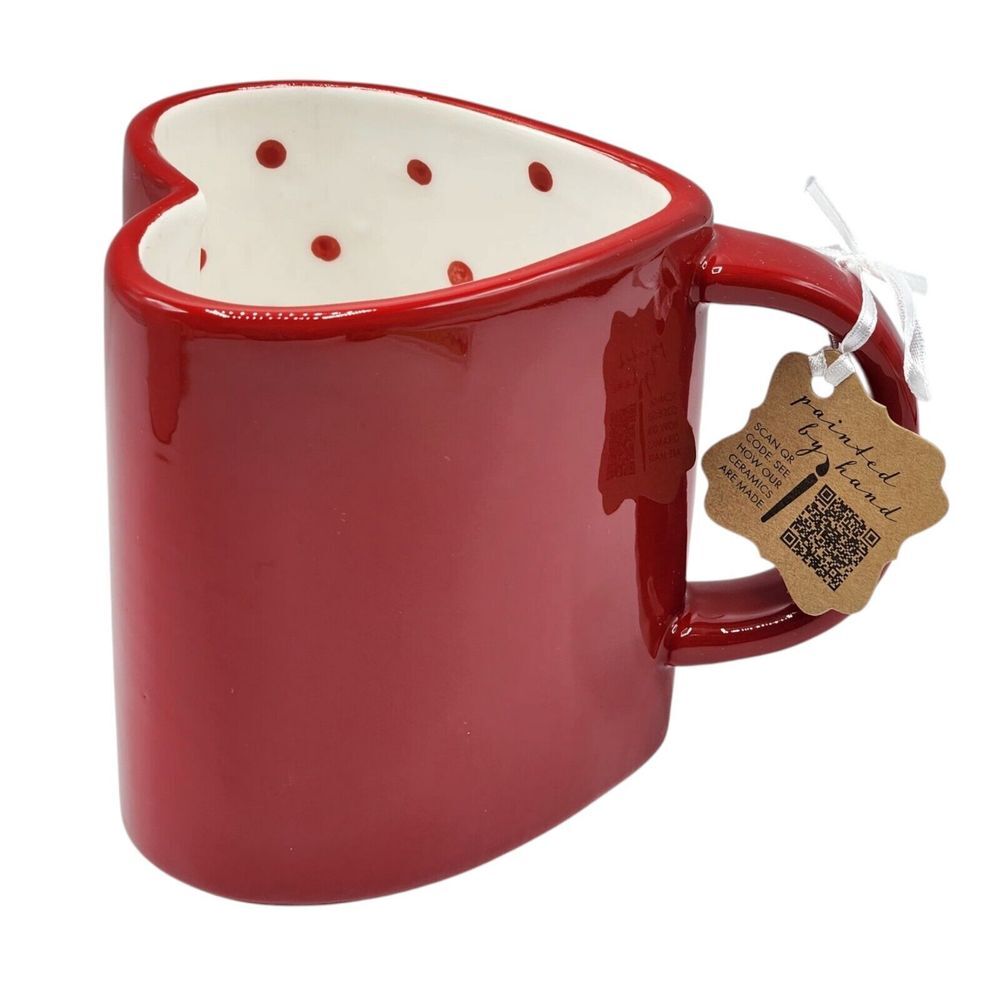 Lang‎ Red And White Heart Shaped Ceramic Coffee Mug Hand Painted 16oz